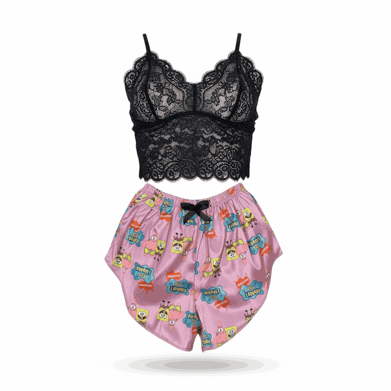 ست نیم تنه گیپور و شلوارک طرح باب اسفنجی 058