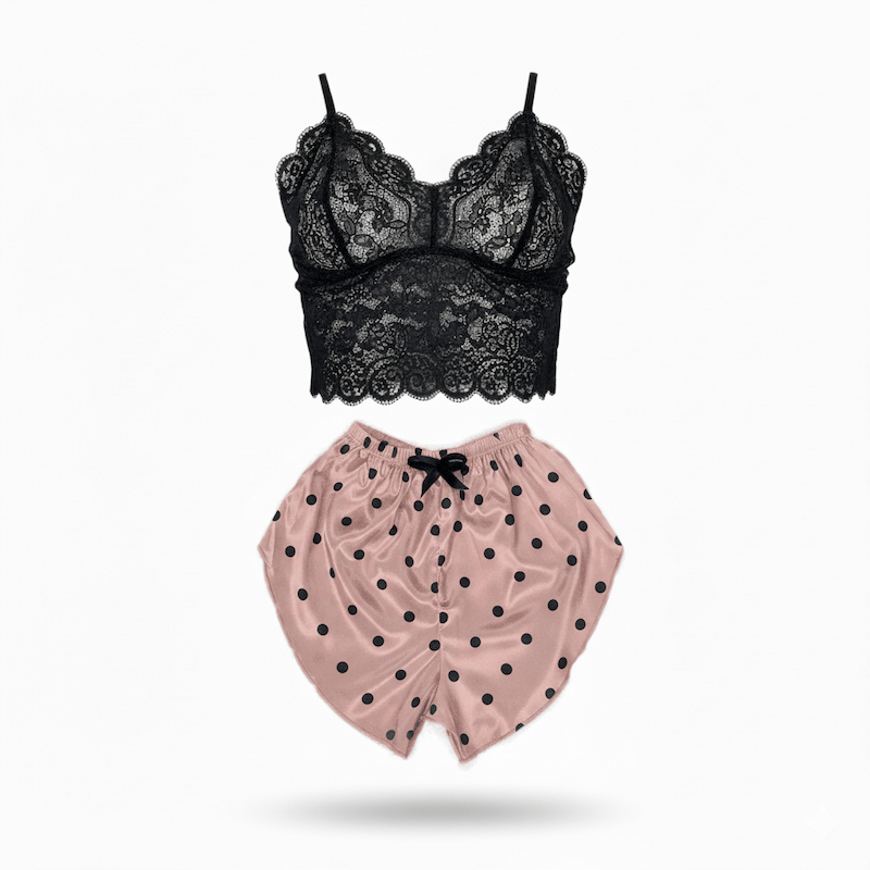 ست نیم تنه گیپور و شلوارک طرح خالدار 053