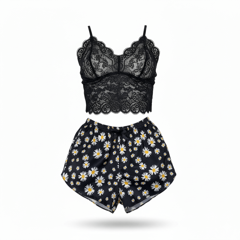 ست نیم تنه گیپور و شلوارک طرح بابونه 055