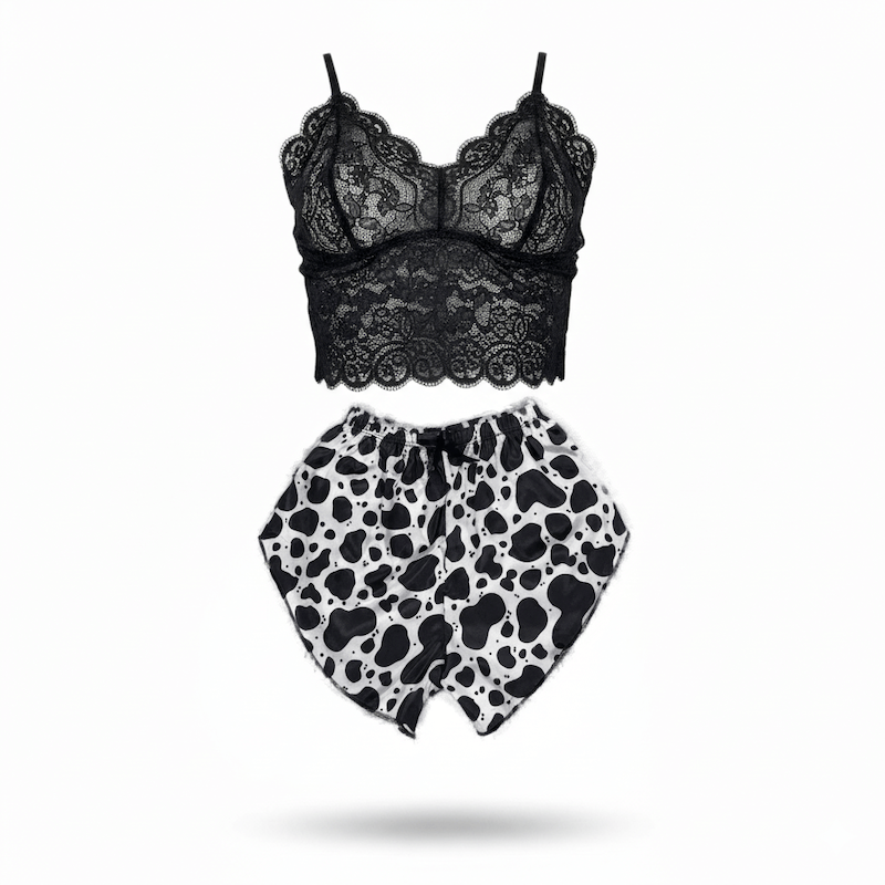 ست نیم تنه گیپور و شلوارک طرح پوست گاوی 054