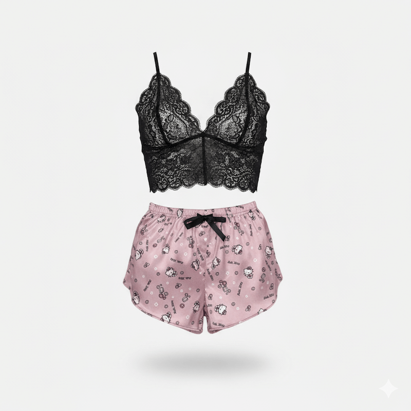 ست نیم تنه گیپور و شلوارک طرح کیتی 052