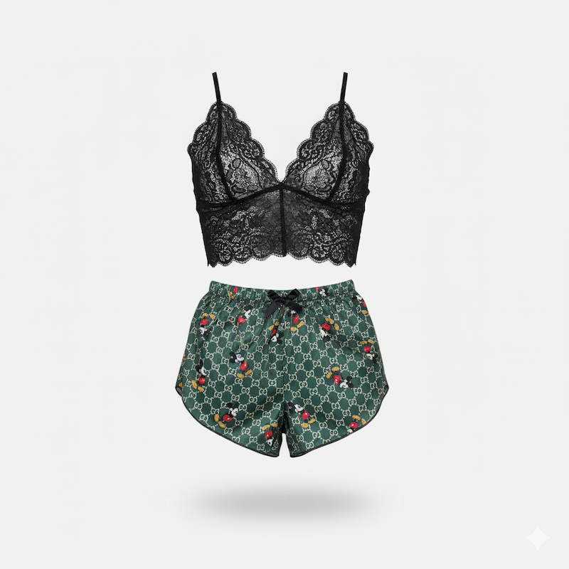 ست نیم تنه گیپور و شلوارک طرح میکی ماوس 057