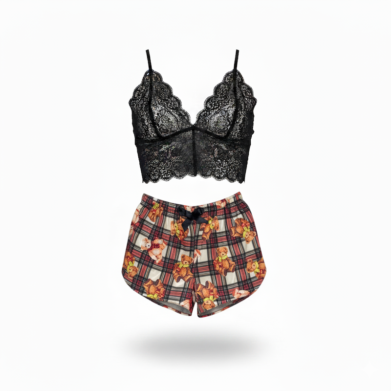 ست نیم تنه گیپور و شلوارک طرح تدی 056