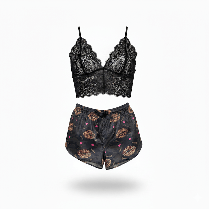 ست نیم تنه گیپور و شلوارک طرح بوسه 090