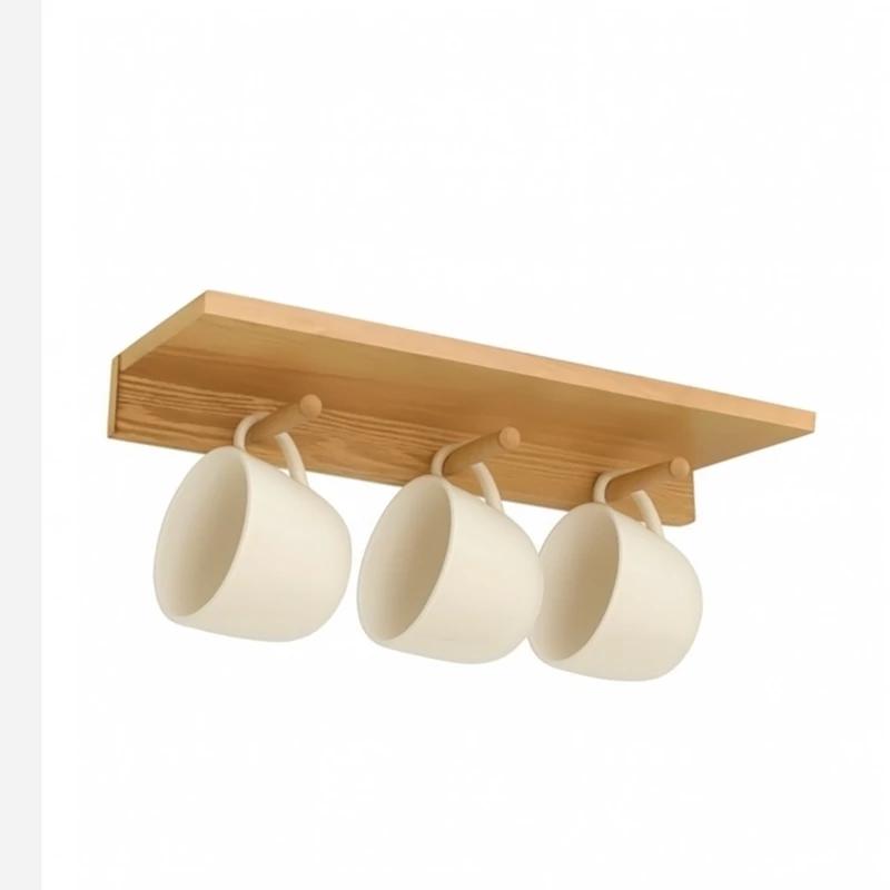 استند شلف (طبقه ) چوبی دیواری بدون پایه به همراه 3 عدد آویز لیوان  - کد 158