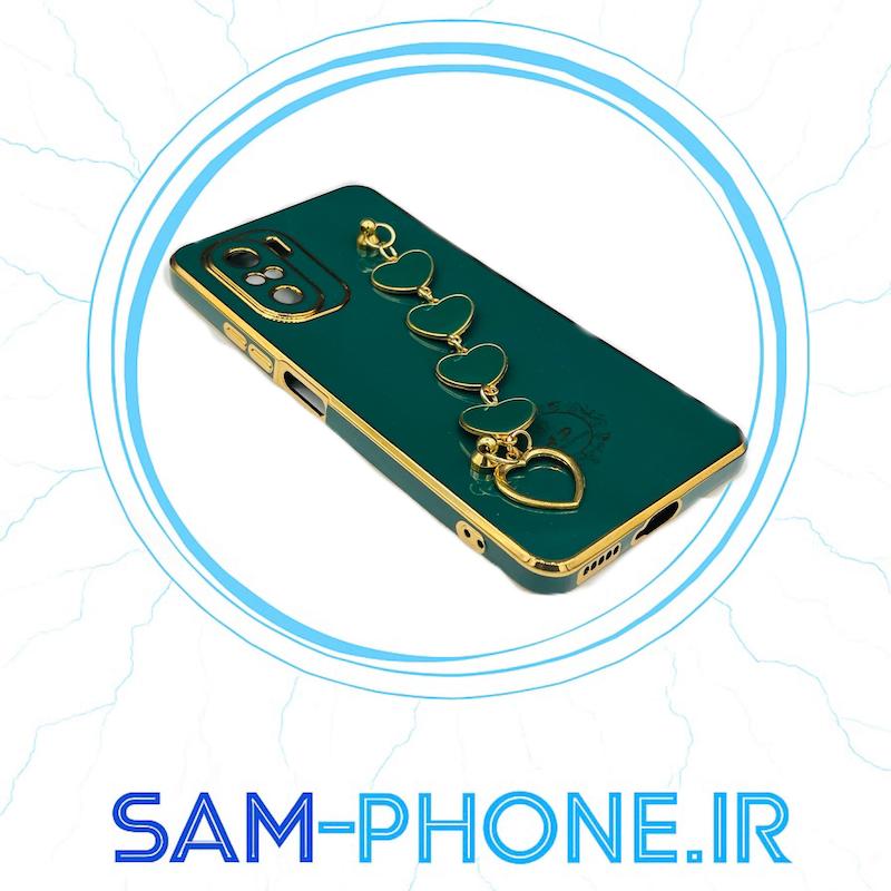 قاب گوشی Poco F3 - Mi 11i شیائومی طرح مای کیس گلد لاین لاکچری دستبندی زنجیری قلبی آویزدار محافظ لنز دار سبز تیره کد 10481