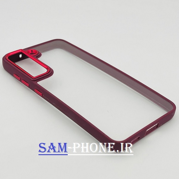 قاب گوشی Galaxy S21 FE سامسونگ اورجینال متال NEW SKIN طرح پشت شیشه ای شفاف دور سیلیکونی زرشکی کد 94