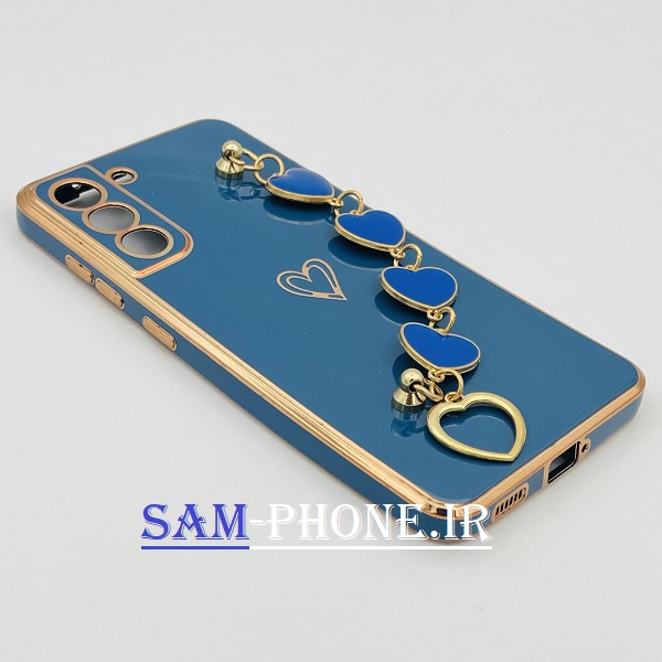 قاب گوشی Galaxy S21 FE سامسونگ طرح مای کیس گلد لاین لاکچری دستبندی زنجیری قلبی آویزدار محافظ لنز دار آبی کد 115