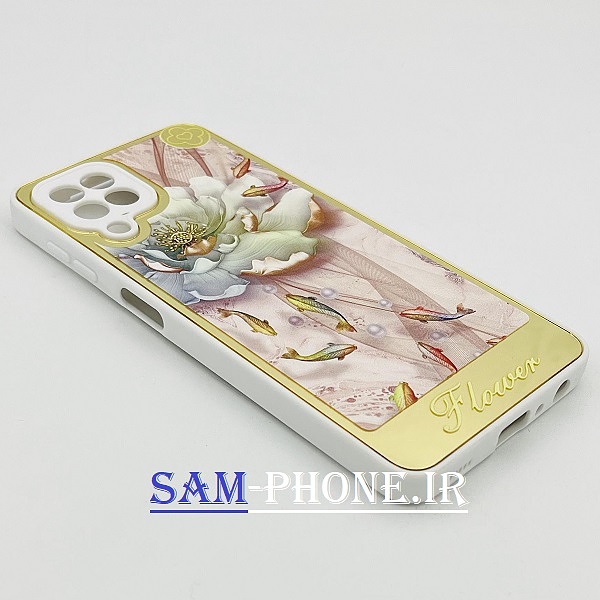قاب گوشی Galaxy A22 4G - Galaxy M32 4G سامسونگ اورجینال مای کیس گلد لاین دور طلایی پشت شیشه ای آینه ای طرح گلدر دار محافظ لنز دار رنگ سفید کد 103