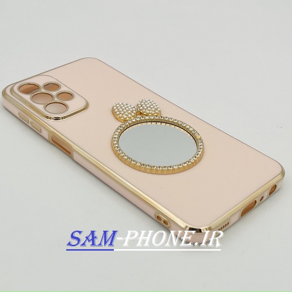 قاب گوشی Galaxy A23 4G سامسونگ مای کیس گلد لاین دور طلایی محافظ لنز دار آینه ای پاپیونی نگین دار صورتی کد 148