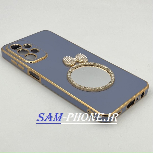 قاب گوشی Galaxy A23 4G سامسونگ مای کیس گلد لاین دور طلایی محافظ لنز دار آینه ای پاپیونی نگین دار طوسی کد 149