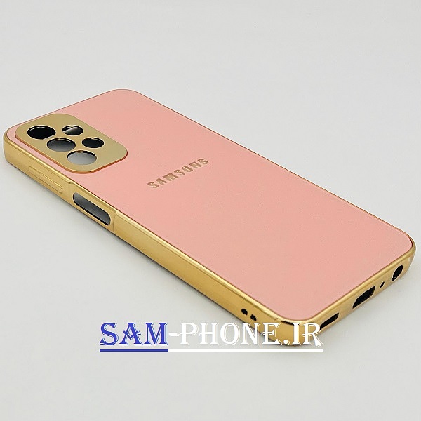 قاب گوشی Galaxy A23 4g سامسونگ ضد خش پشت گلس شیشه ای مای کیس گلد لاین دور طلایی محافظ لنز دار صورتی کد 177