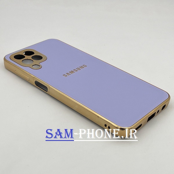 قاب گوشی Galaxy M33 5G سامسونگ ضد خش پشت گلس شیشه ای مای کیس گلد لاین دور طلایی محافظ لنز دار بنفش کد 27