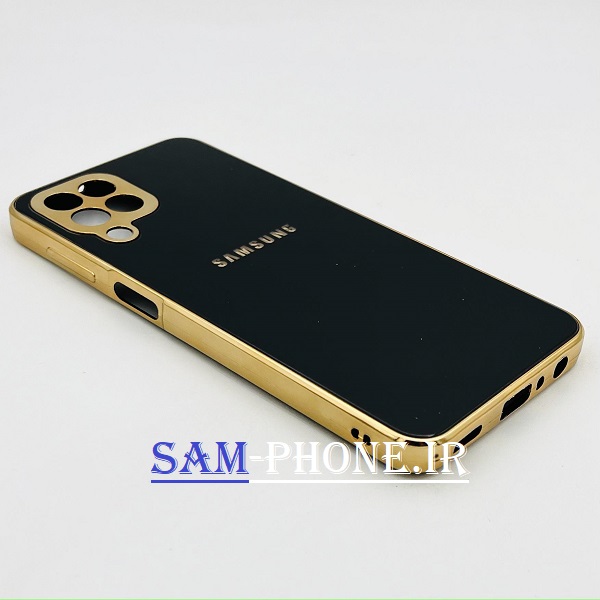 قاب گوشی Galaxy M33 5G سامسونگ ضد خش پشت گلس شیشه ای مای کیس گلد لاین دور طلایی محافظ لنز دار مشکی کد 28