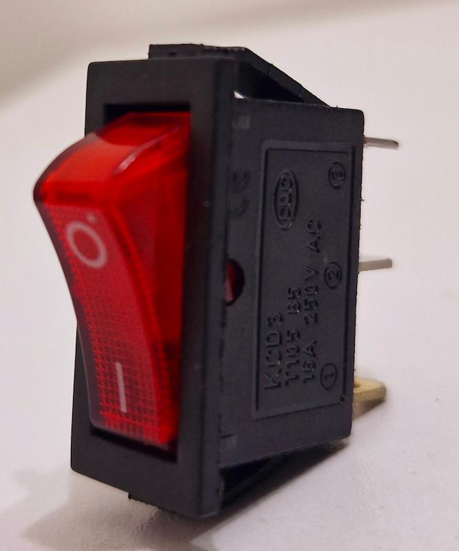 کلید جاروبرقی تک پل باریک چراغ دار سه پایه 16A 250V KCD3(کلید روشن خاموش جاروبرقی)