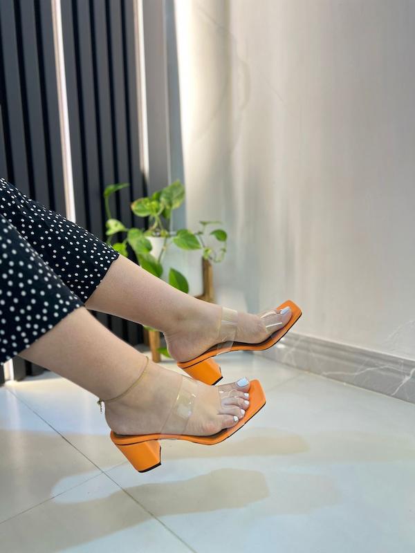 صندل طلقی نارنجی پاشنه6cm روکش