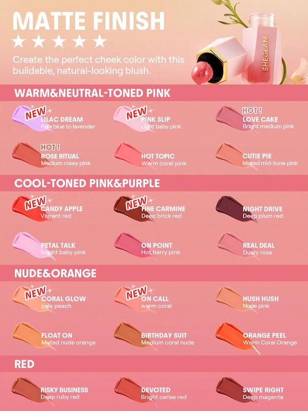 نمونه رنگ‌های رژگونه مایع شیگلم Color Bloom با فینیش طبیعی و درخشان.