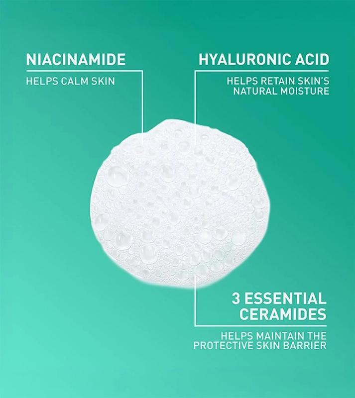 ترکیبات کلیدی ژل شستشوی فومی CeraVe شامل نیاسینامید، هیالورونیک اسید و سرامیدهای ضروری