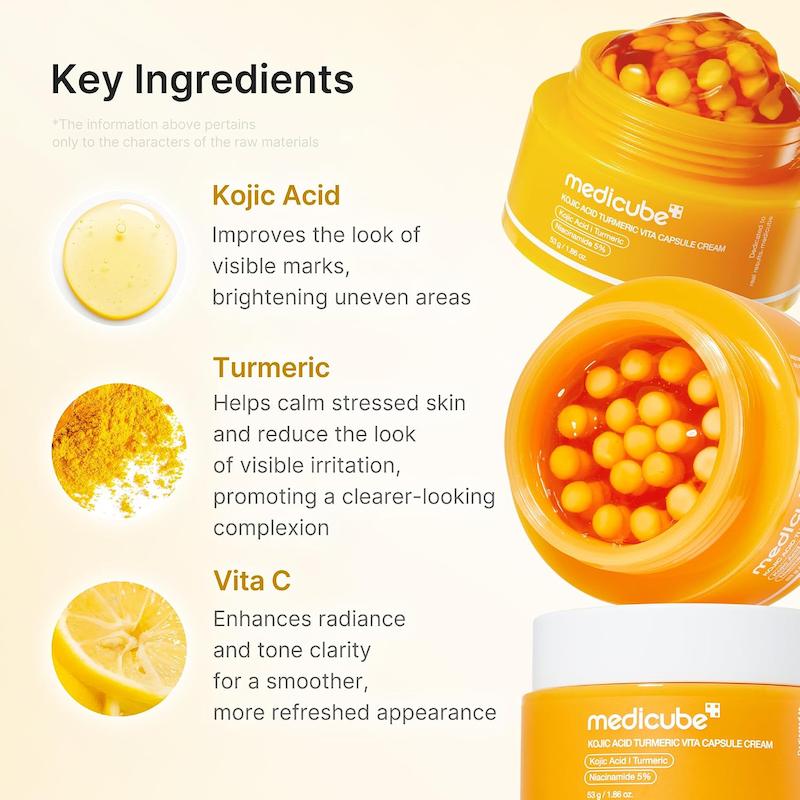 ترکیبات کلیدی کرم Medicube Kojic Acid Turmeric Vita Capsule Cream شامل کوجیک اسید و زردچوبه