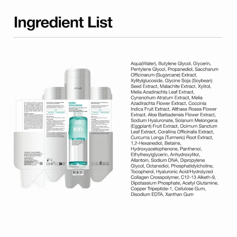 بسته بندی و ترکیبات تونر آبرسان Anua PDRN 100 Hyaluronic Acid Booster