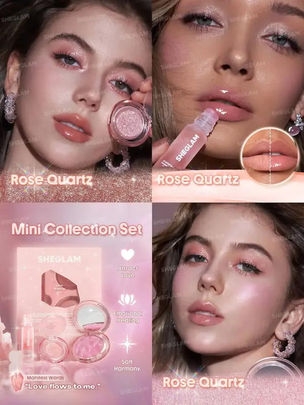 تست هایلایتر و بلش‌لایتر سایه چشم اکلیلی روغن لب رولری ست Crystal Intentions Small Rituals مدل Rose Quartz