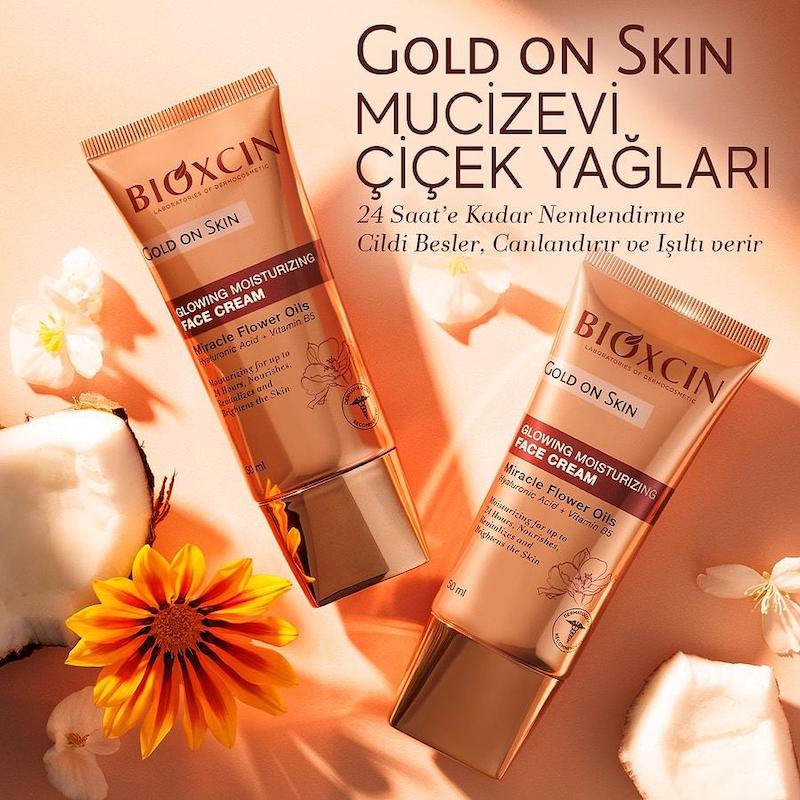 Bioxcin Gold On Skin Glowing Moisturizing Face Cream حاوی هیالورونیک اسید و ویتامین B5