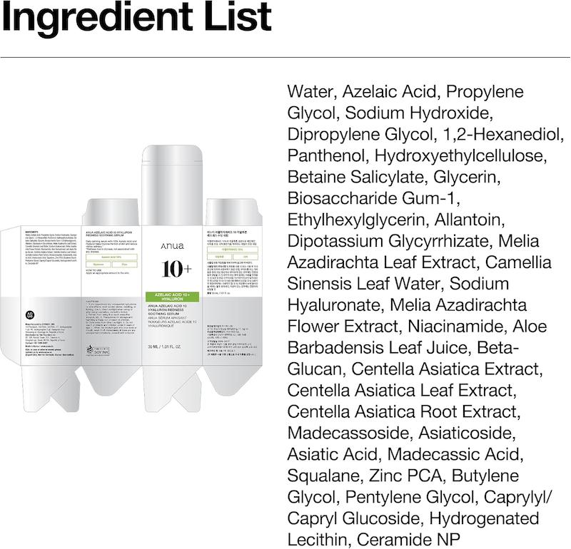 ترکیبات Anua Azelaic Acid 10 Hyaluron Redness Soothing Serum 30ml تصویر محصول با 10 درصد آزلائیک اسید