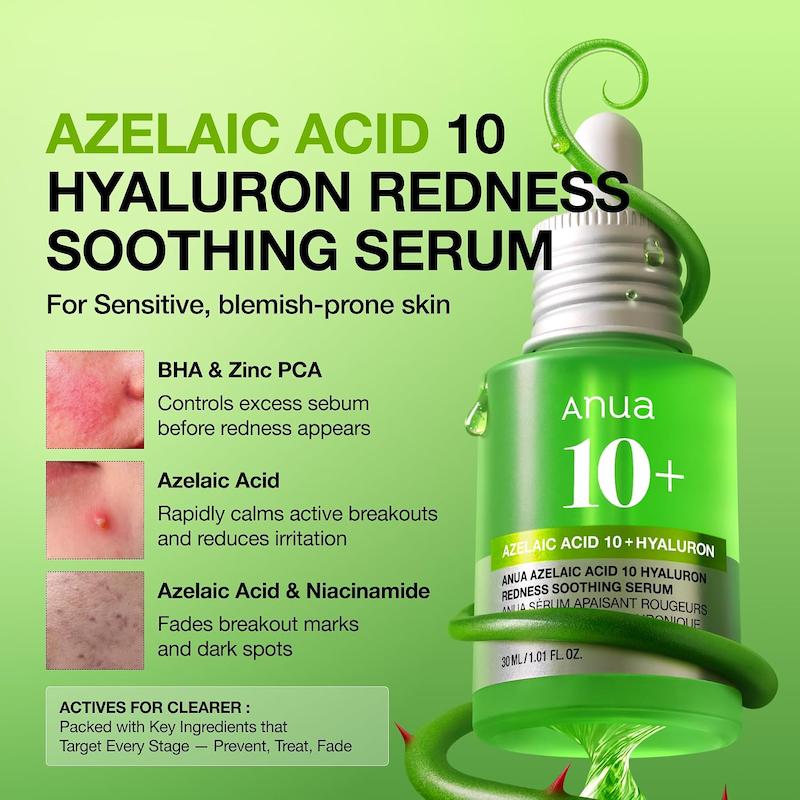 Anua Azelaic Acid 10 Hyaluron Redness Soothing Serum 30ml معرفی آزلائیک اسید 10 درصد و ترکیبات تسکین دهنده