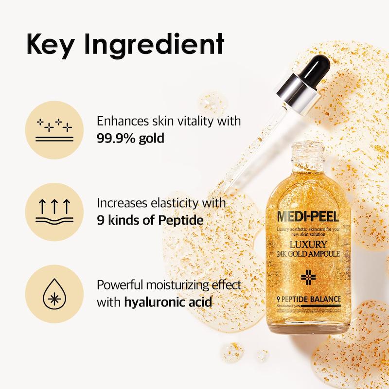 ترکیبات کلیدی آمپول MEDIPEEL Luxury 24K Gold و ذرات طلای 24K