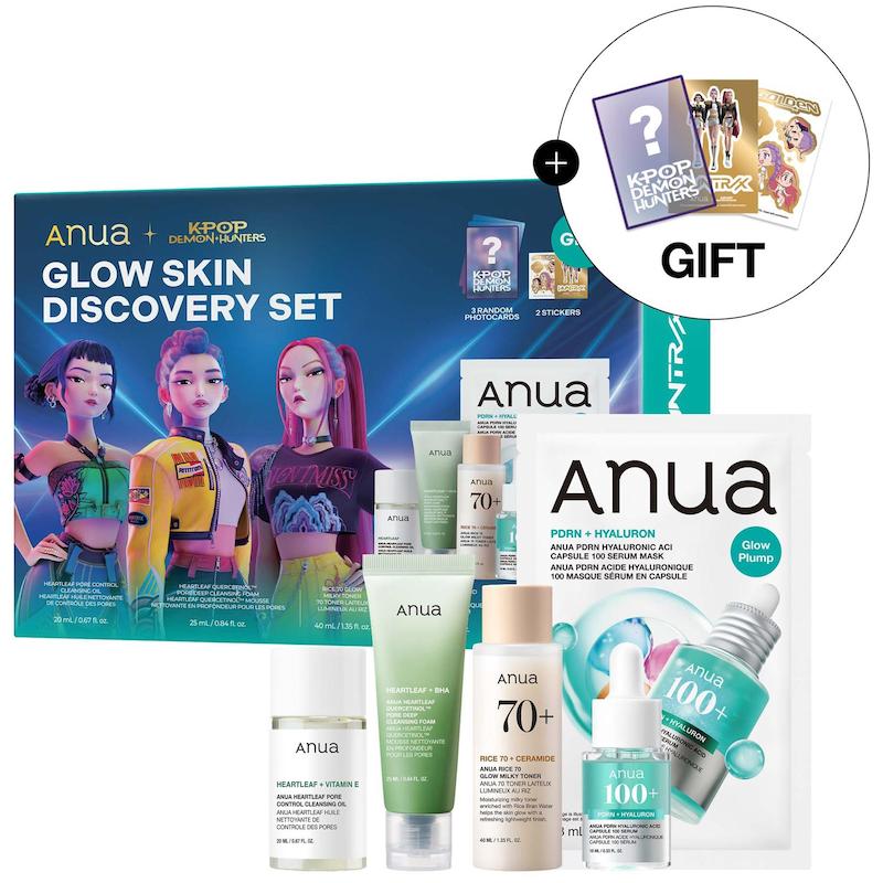 محتویات ست آبی ANUA Glow Skin Discovery شامل محصولات مینی و هدایای K-Pop Demon Hunters
