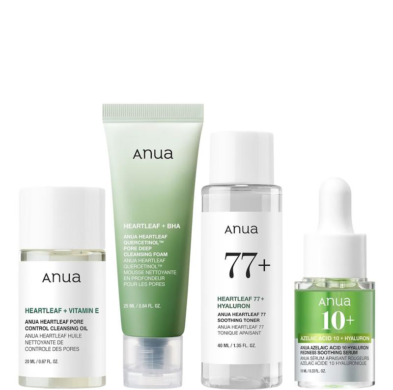 محصولات مینی ست ANUA Calming Skin Discovery شامل روغن پاک کننده، فوم، تونر و سرم آزلائیک اسید