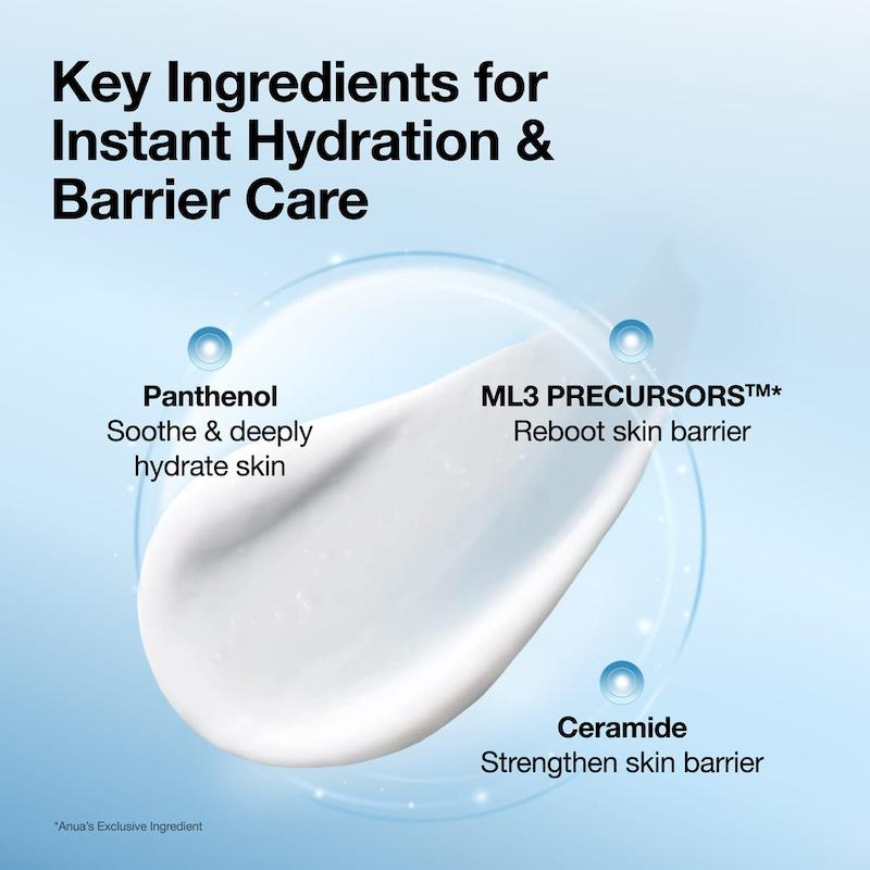ترکیبات کلیدی Anua Barrier Reboot Daily Moisturizer شامل پانتنول و ML3 Precursors برای آبرسانی پوست