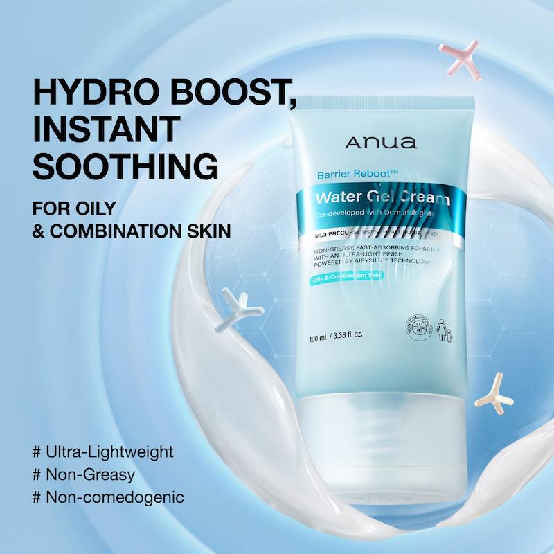 Anua Barrier Reboot Water Gel Cream برای آبرسانی و تسکین پوست با بافت سبک و جذب سریع