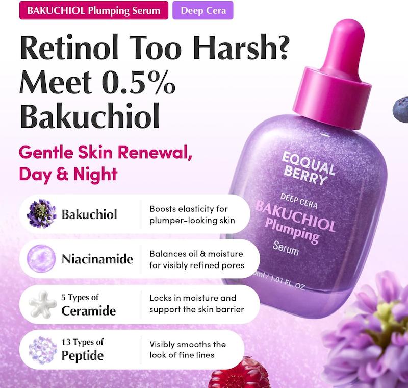 EQQUALBERRY Deep Cera Bakuchiol Plumping Serum حاوی باکوچیول و ترکیبات مراقبت از منافذ