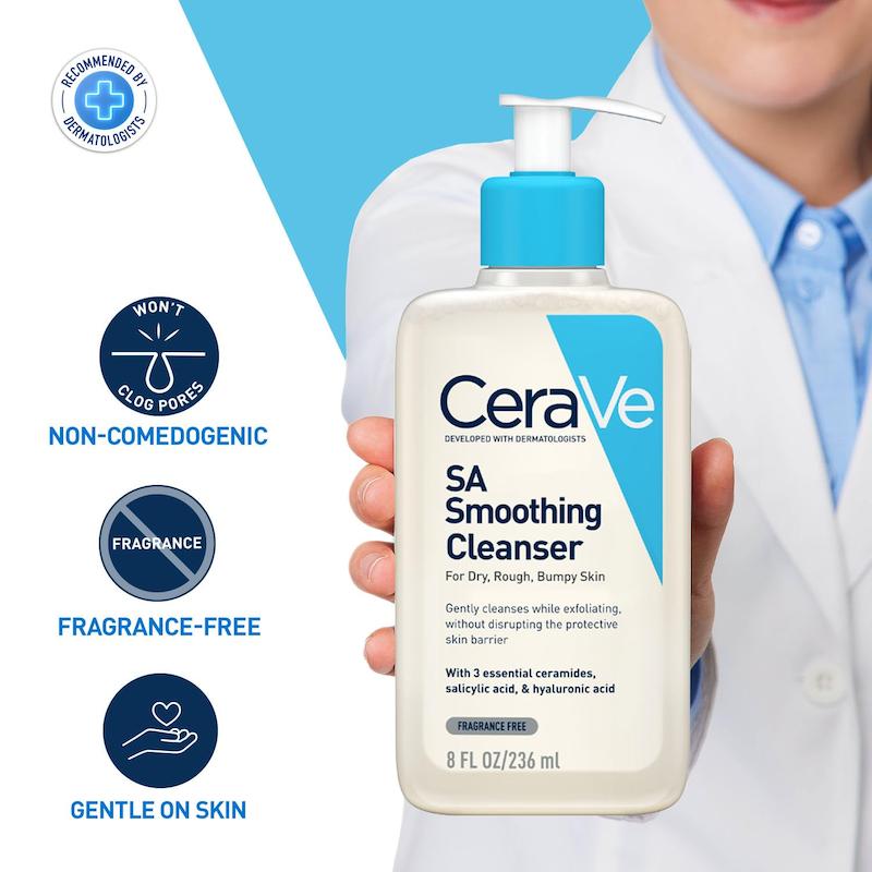 ترکیبات و مزایای CeraVe SA Smoothing Cleanser شامل سالیسیلیک اسید هیالورونیک اسید و سرامیدها