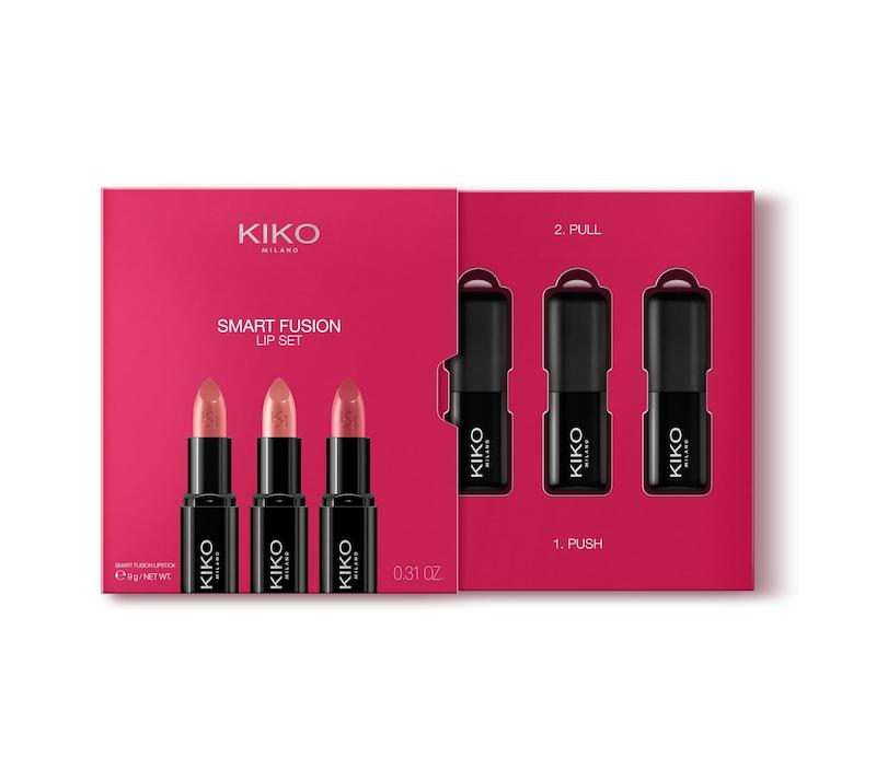 نمای بسته‌بندی باز KIKO Milano Smart Fusion Lip Set 02 و سه رژ لب Smart Fusion