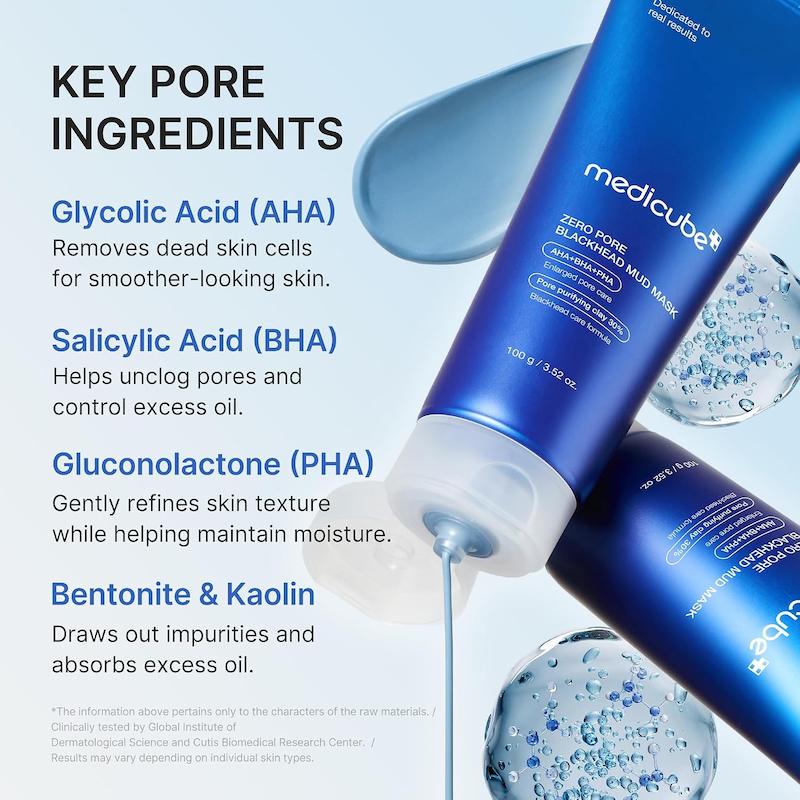 ترکیبات کلیدی ماسک خاک رس مدیکوب Zero Pore Blackhead شامل اسید سالیسیلیک، اسید گلیکولیک و خاک رس