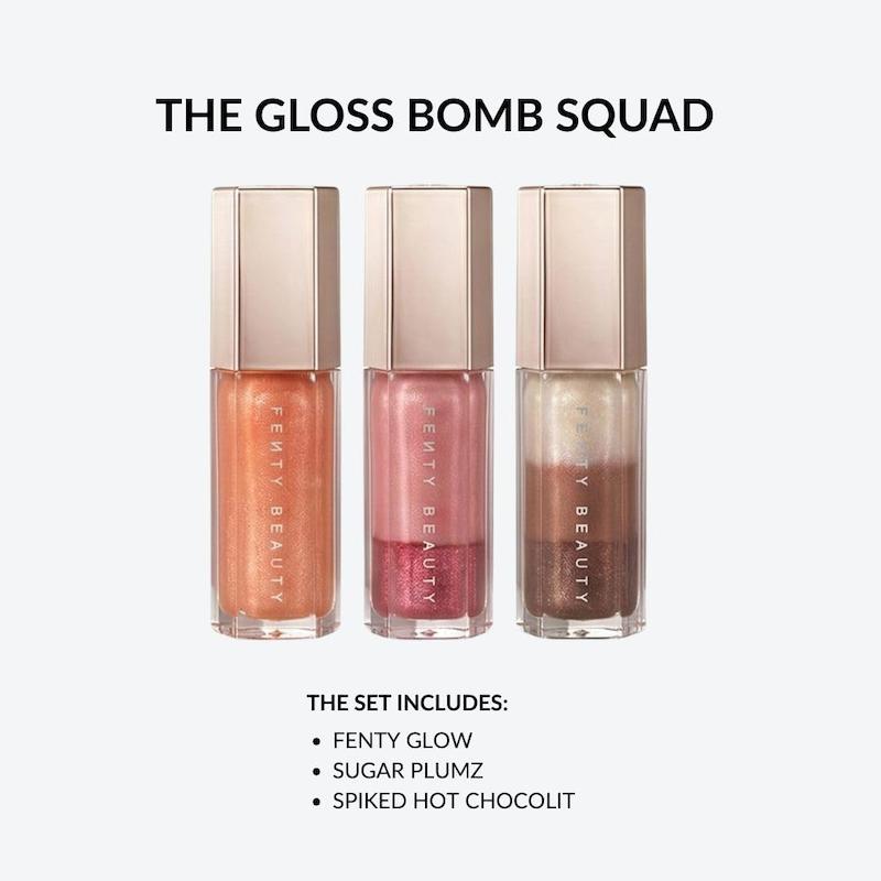 نمای نزدیک ست Fenty Beauty Glossy Posse VIII و سه لیپ‌گلاس Gloss Bomb با رنگ‌های مختلف