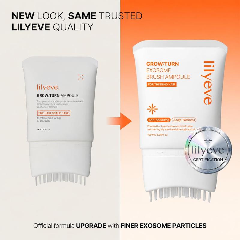 نمایش فرمول و ساختار آمپول LILYEVE GROW:TURN EXOSOME Brush Ampoule روی بسته‌بندی محصول