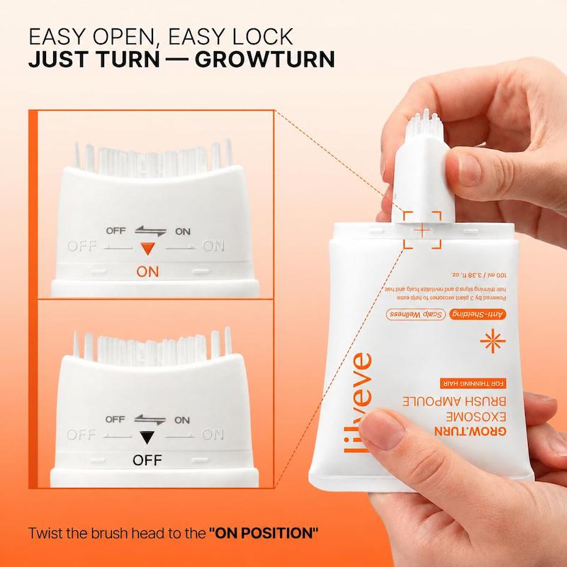 نحوه استفاده آسان از آمپول LILYEVE GROW:TURN با اپلیکاتور برس‌دار روی پوست سر