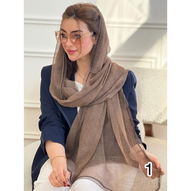 شال‌ مجلسی حریر نگین دار حاشیه دانتل کد 4211