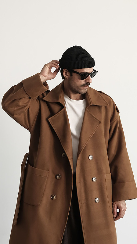 brown double breasted overcoat with belt