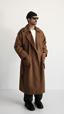 brown double breasted overcoat with belt