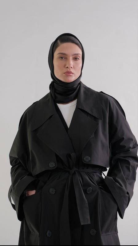 double breasted black trenchcoat