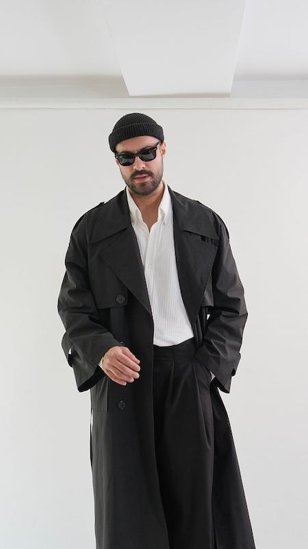 double breasted black trenchcoat