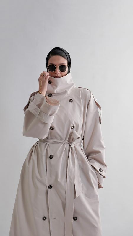 high collar sand trenchcoat