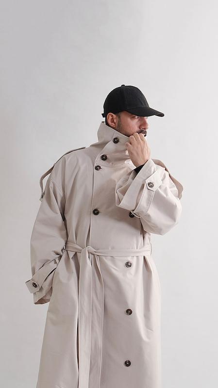 high collar sand trenchcoat