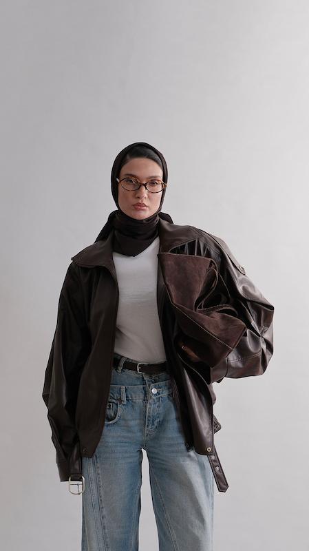 brown wide collar leather jacket