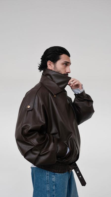 brown wide collar leather jacket