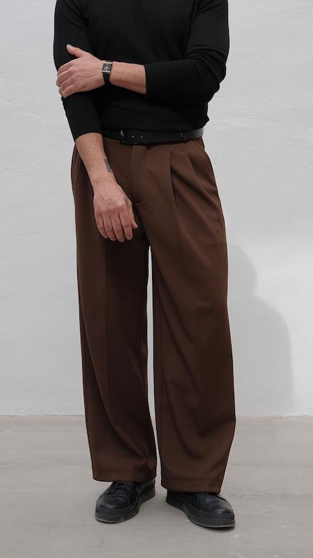 brown straight-leg pleated pants